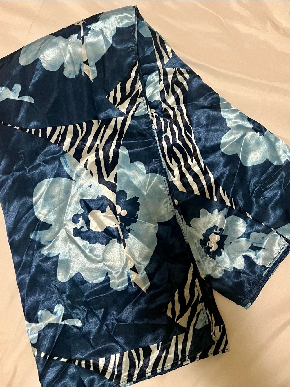 Blue Floral Satin Scarf with Zebra Trim